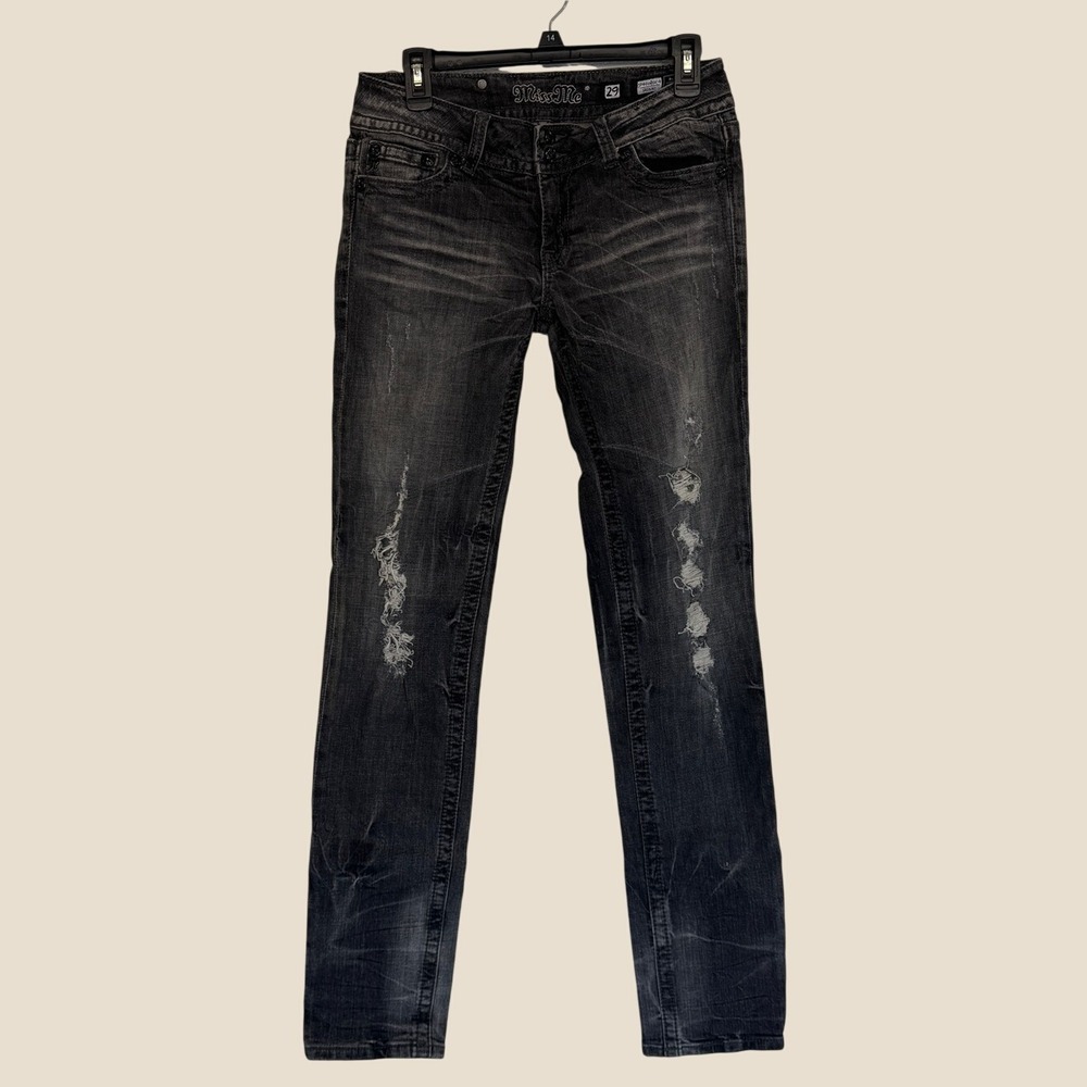 Miss Me 29x34 Black Gray Low Rise Distressed Skinny Jeans Back Flap Pockets